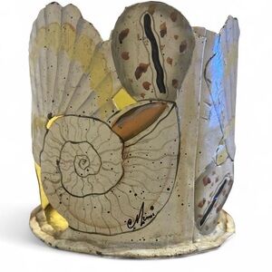 Vintage Hand-Painted Metal Seashell Candle Holder Signed Mimi Coastal Folk